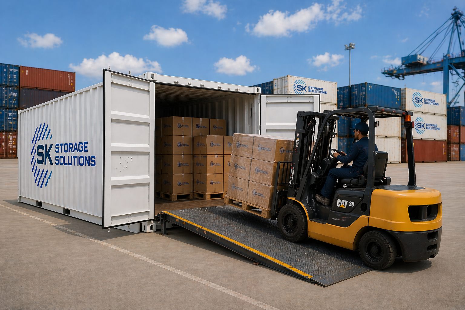 SK Storage Solutions forklift unloading a shipping container